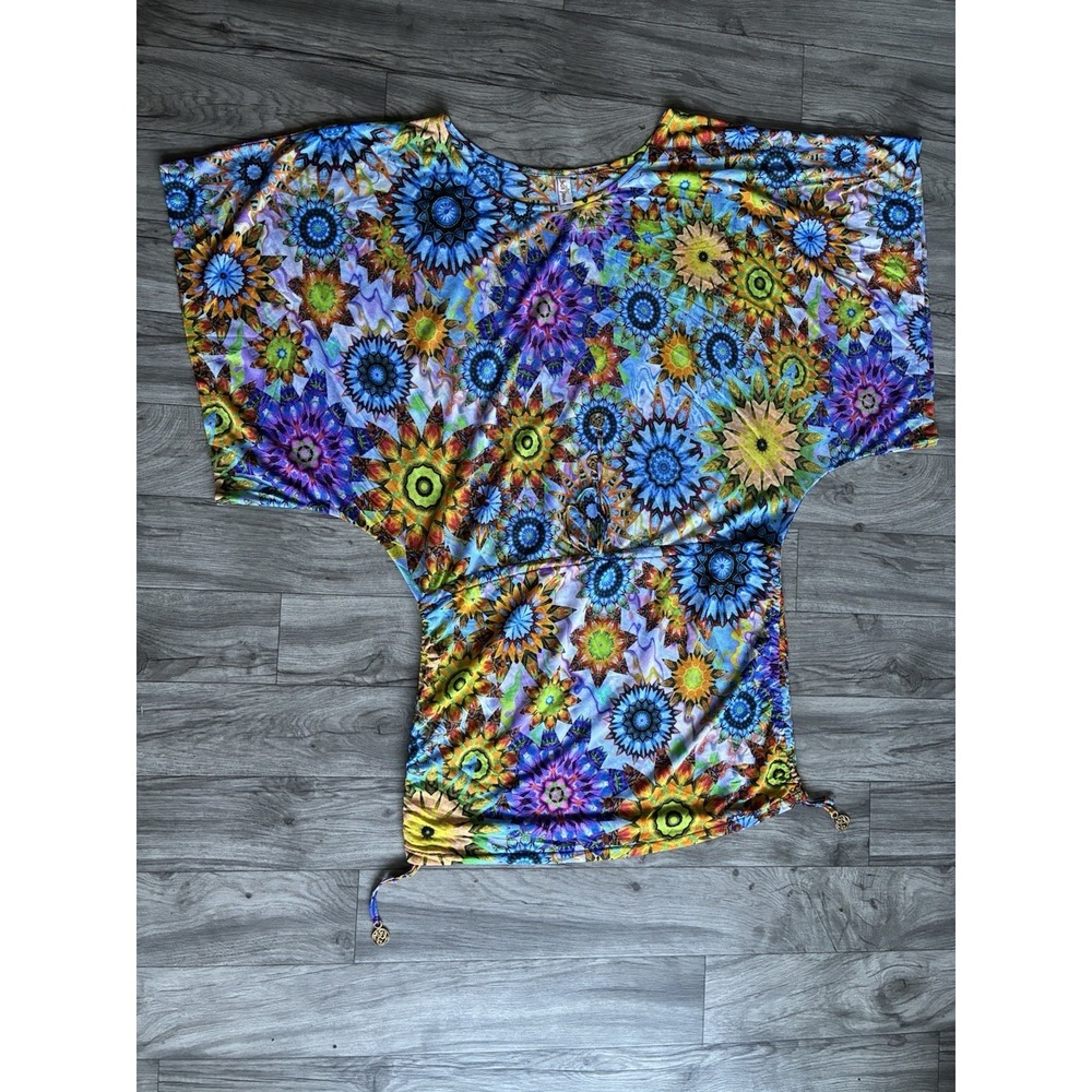 Luli Fama Medium Kaleidoscope Print Batwing Swim Cover Up Resort Tunic - Picture 16 of 16